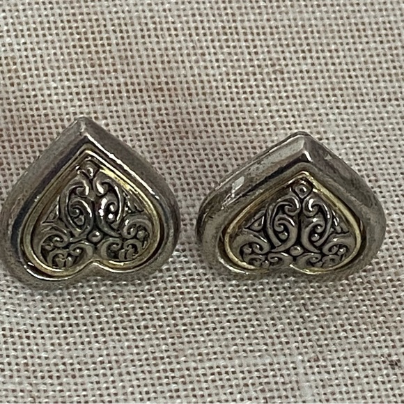 Silver Heart shape Earrings ornate Brighton Swirl pierced earrings gold puffy - Picture 8 of 15